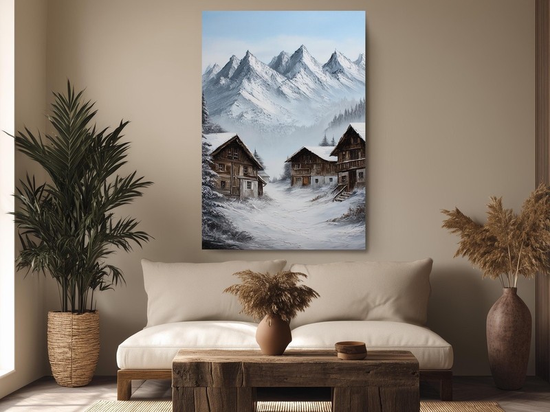 Winter Landscape Canvas Rustic Cabin Snowy Mountain Alpine Village Art gallery
