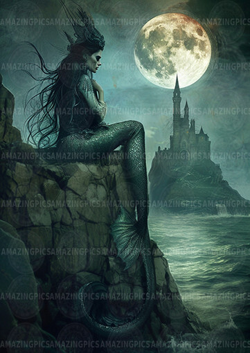 Dark Mermaid Art Print Gothic Fantasy Moon Castle Sea Siren Witch Ocean Wall M56