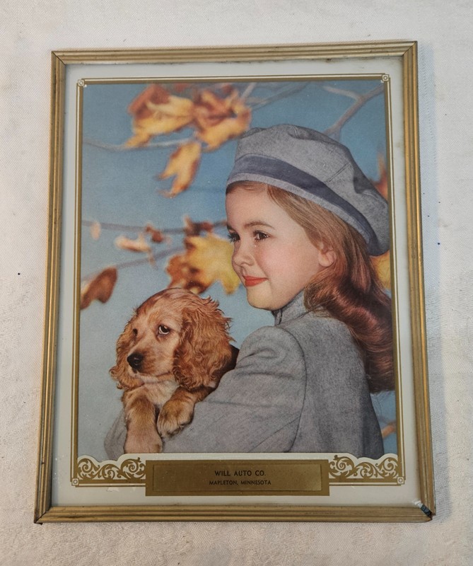 Vintage 1950/60s Mapleton MN WILL AUTO CO. Advertising Framed GIRL DOG Art Print