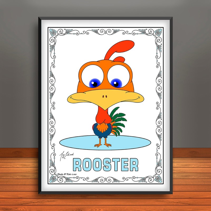 Cartoon Rooster Print, Poster, Farm Animal Wall Art, Rooster Decor, Cockerel