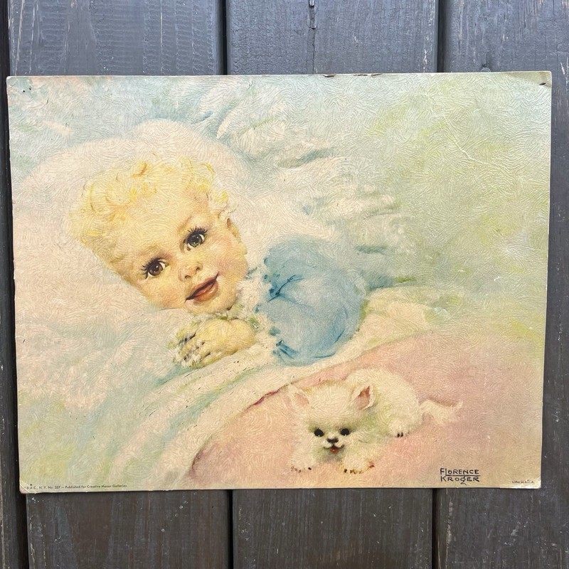 Vintage Florence Kroger Wake Up Time Baby Kitten Litho Nursery Retro Whimsy