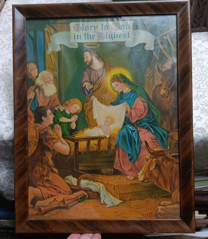 Antique Art Print Vintage Lithograph Nativity Scene Glory To God Jesus Decor gallery