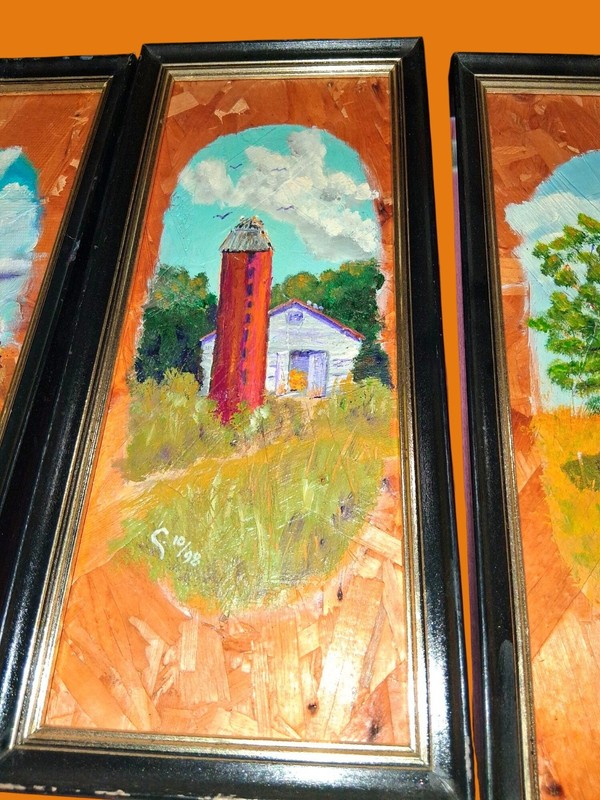 Set Of 4 Vintage Farm-Themed Framed Art Panels With Rustic Barn Tree & Windmill gallery