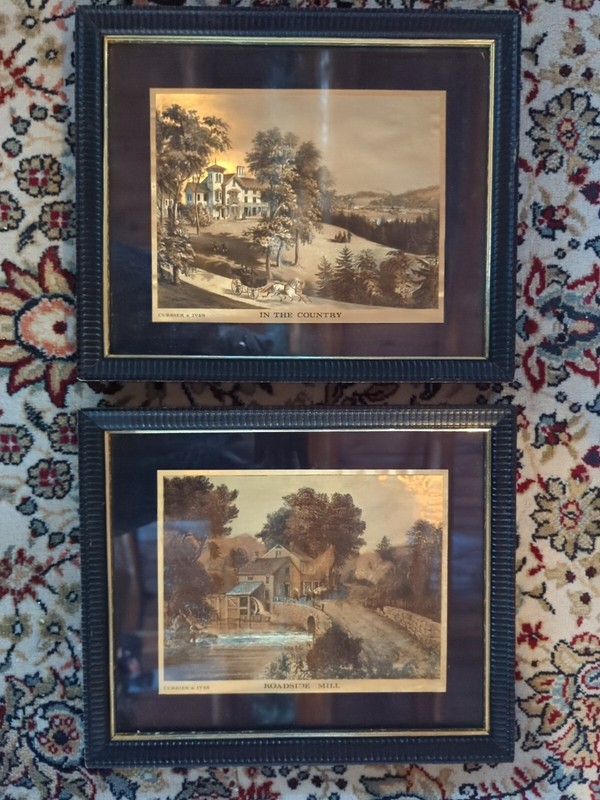 2- Vintage Currier and Ives 6″x8″ Framed 10″x12″ Gold Foil Metallic Prints EUC!