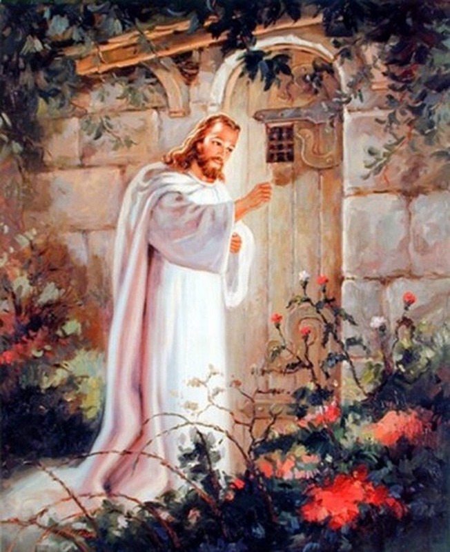 CHRISTIAN print picture JESUS KNOCKING ON DOOR - 8"x10" Wearing a WHITE ROBE