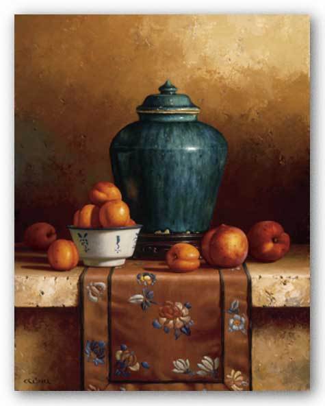 STILL LIFE ART PRINT Ginger Jar with Peaches Apricots and Tapestry Loran Speck