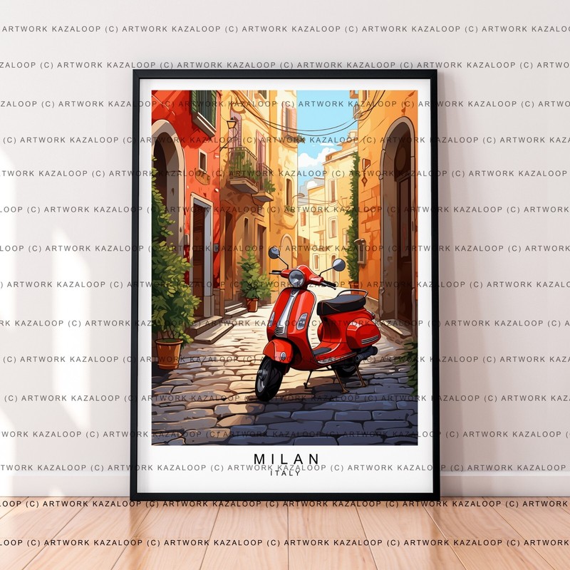 Milan Italy Poster Red Scooter Alley Unframed Print Illustration Art Decor Milan