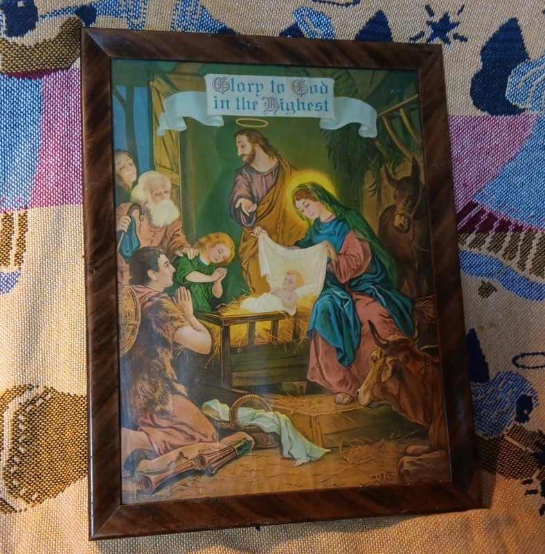Antique Art Print Vintage Lithograph Nativity Scene Glory To God Jesus Decor