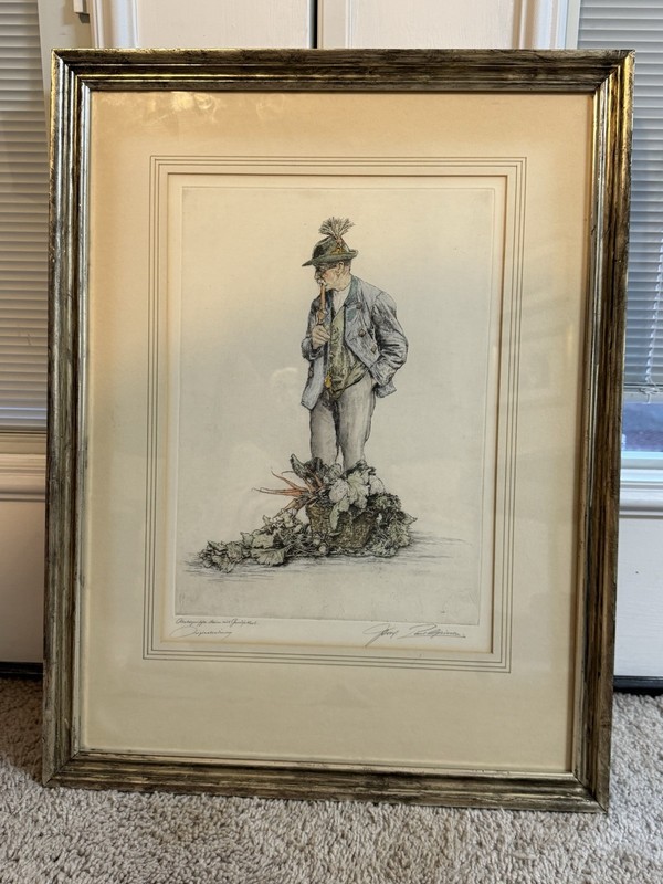 Colored Paul Geissler Signed AUTO The Vegetable Seller Man Etchings Framed