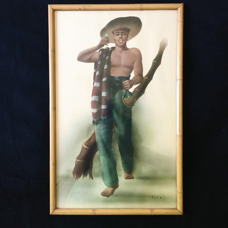 Mid Century Airbrush Style Mexican Caballero Print Genuine Vintage Bamboo Framed