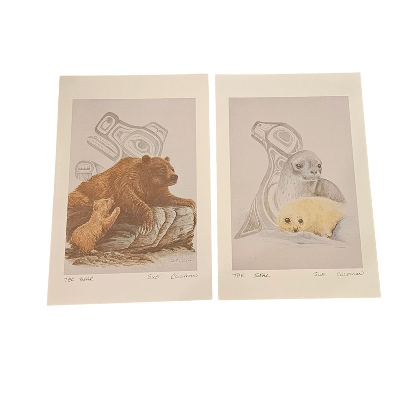 Sue Coleman «The Bear» & «The Seal»Litho Note Card 9¼» x 6″ Vintage