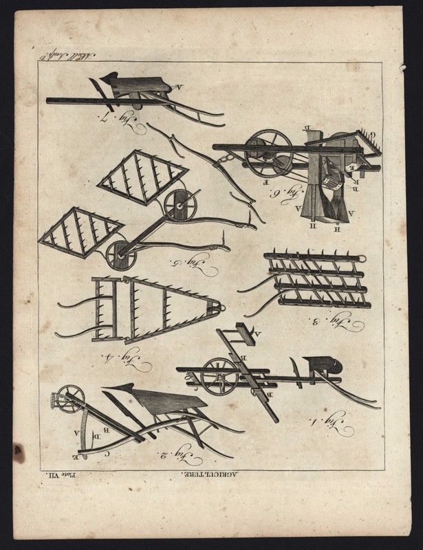 VINTAGE COPPERPLATE ENGRAVING: AGRICULTURAL INSTRUMENTS - PLOWS - A . BELL 1797