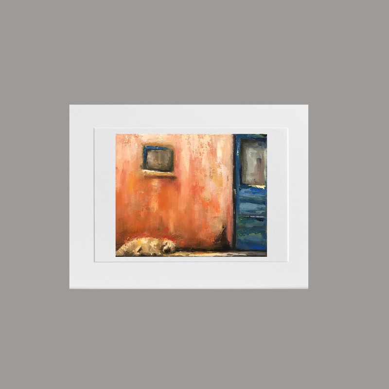 ACEO ATC Signed Print “Sunny Spot” Artist Trading Card Dog Taos Pueblo Southwest gallery