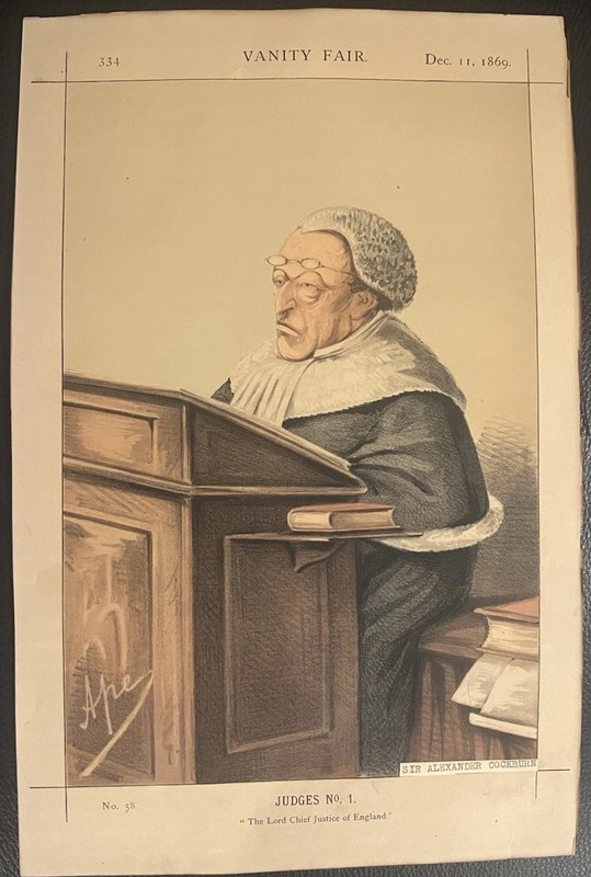 Antique Vanity Fair Judge litho of Sir Alexander James Edmund Cockburn, 1869