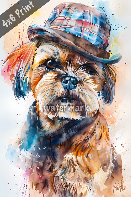 Dog Shih Tzu in a detectives hat watercolor Art 4x6 Print