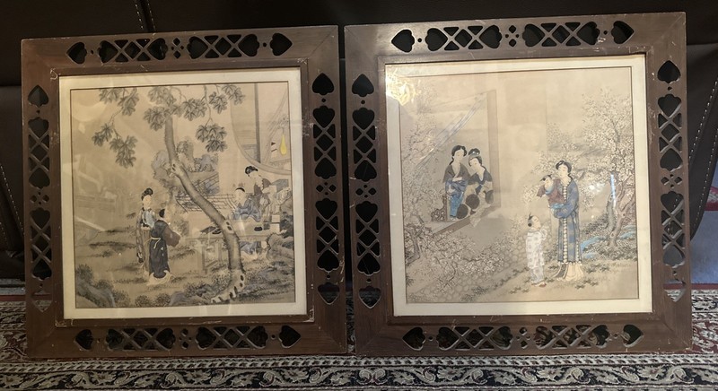 (2)- Antique Asian Japanese WOODBLOCK COLORED PRINTS FRAMED 20”5/8 X 20”3/4