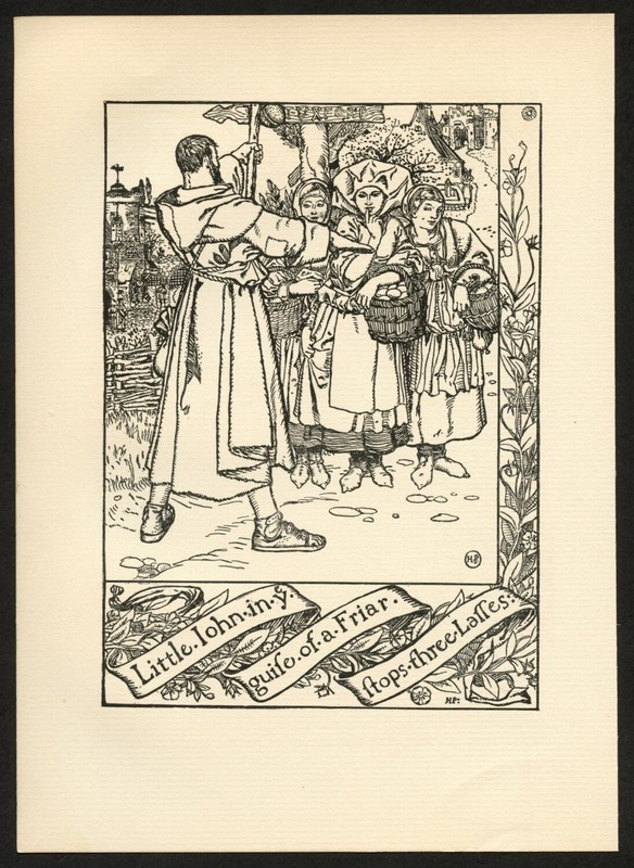 Little John Stops Three Lasses, Robin Hood B&W Illustration by Howard Pyle 1912