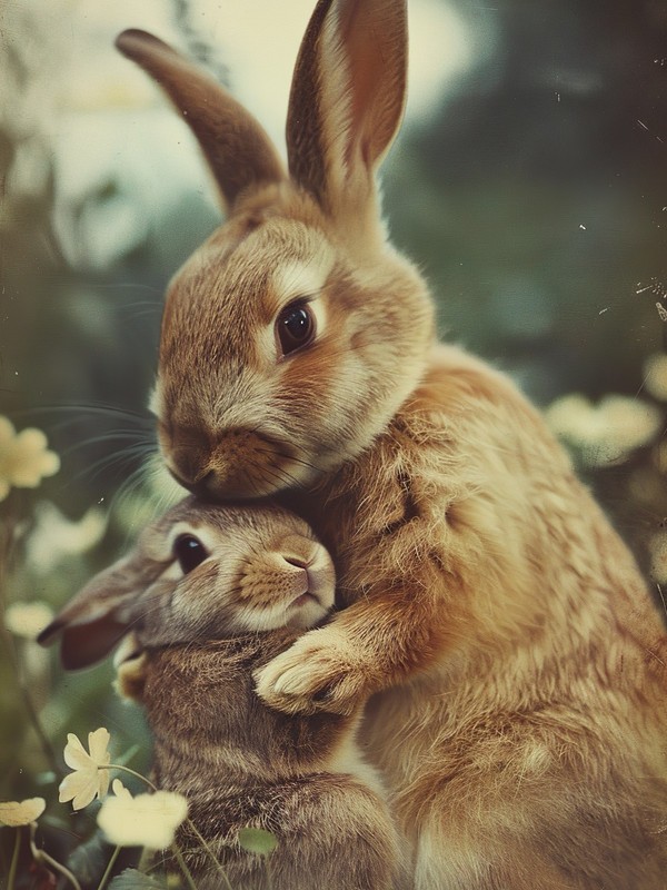 Mother Bunny Hugging Baby Rabbit Vintage Nature Love Wall Art Poster A1-A4 Poste