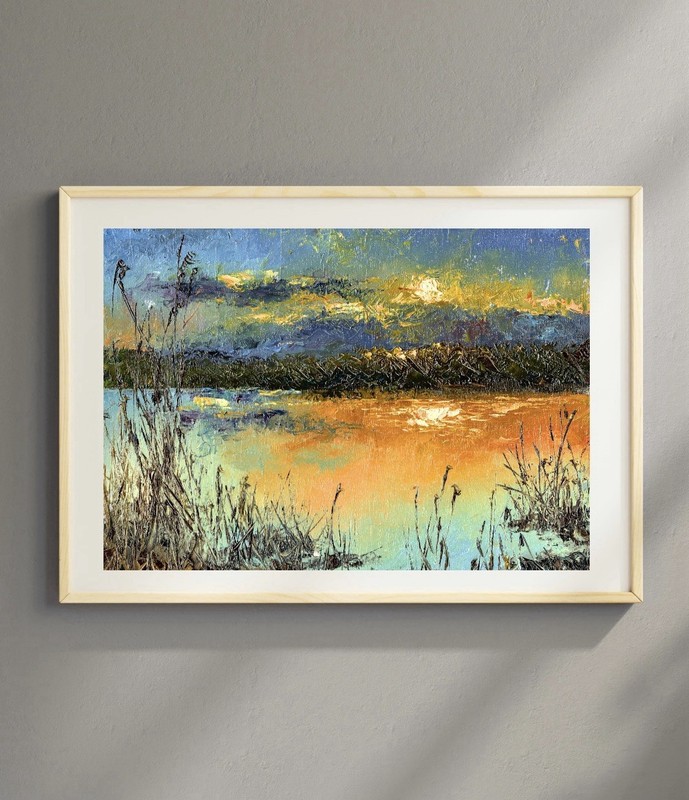 Textured Oil Painting Sunset Landscape Wall Art Print | Palette Knife Painting