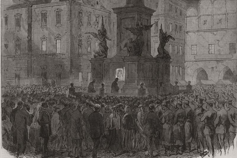 PRAGUE. Evening prayers in the market-place. Czech 1866 old antique print
