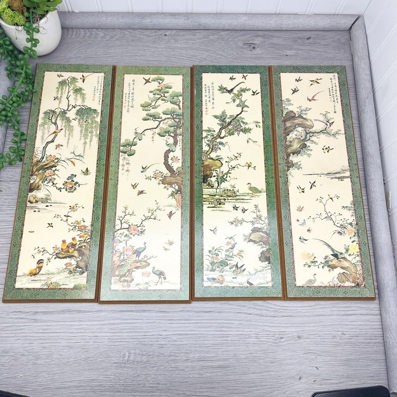 4 Large Mid Century Wood Panels Asian Birds Prints Evangeline Paint 1963 15 x 5" gallery