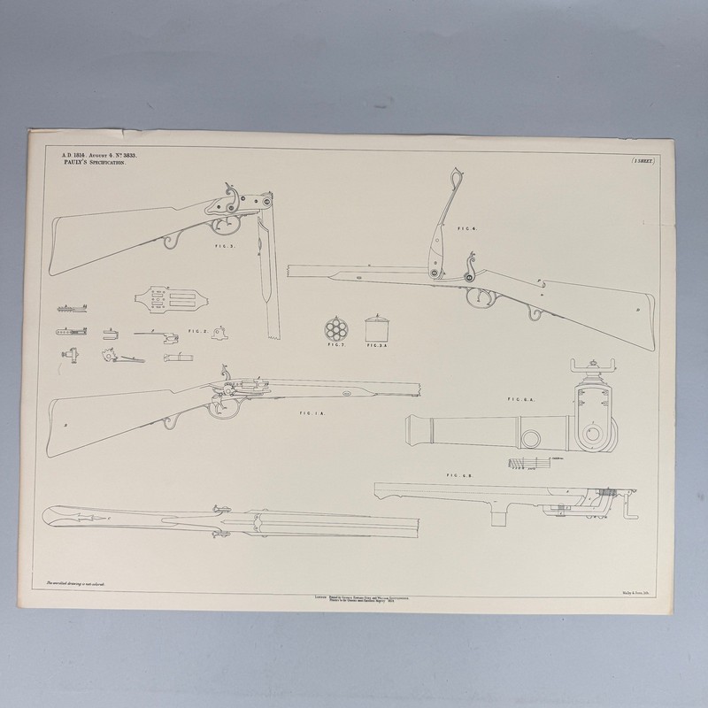 Pauly's Specification 1814 Firearm Patent Lithographic Print 22x15 on Laid Paper