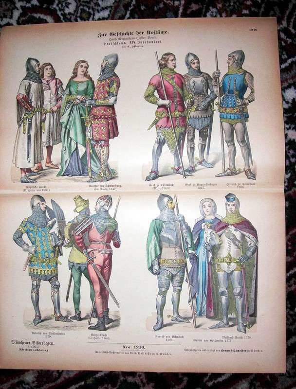 1300s German Knights & Ladies-Armor Swords-1880 History of Costumes Litho #1216