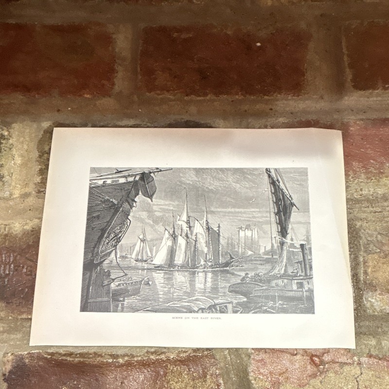 1874 Harry Fenn Wood Engraving Scene on the East River & Matching Text Page