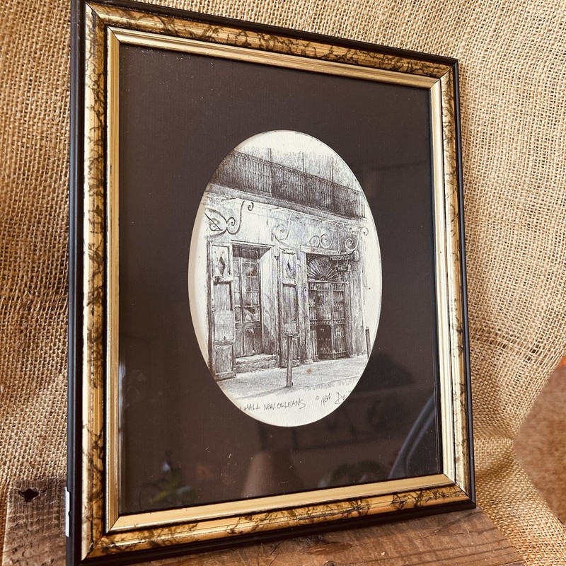 New Orleans set 3 Vintage Pencil art Framed Black/Gold see pics gallery