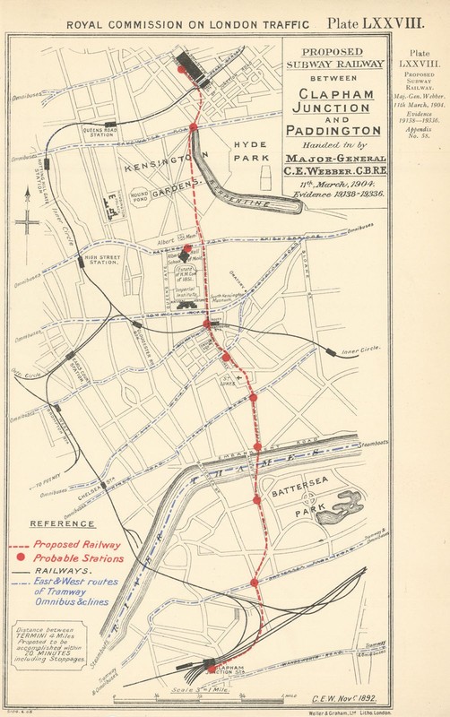 Proposed underground tube railway between Clapham Junction & Paddington 1906 map