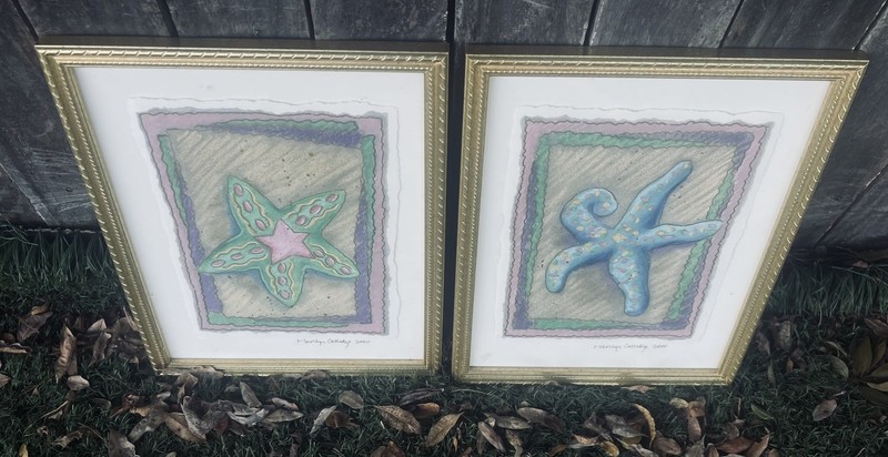 Pair 12x15 Original Signed Marilyn Catledge Framed Paper Beach Art STARFISH 2000 gallery