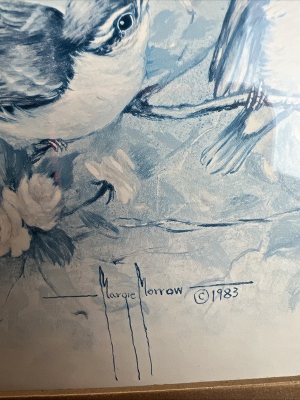 Vintage Margie Morrow 1983 “Birds On A Branch” Framed Art Print 21"x10" Signed gallery