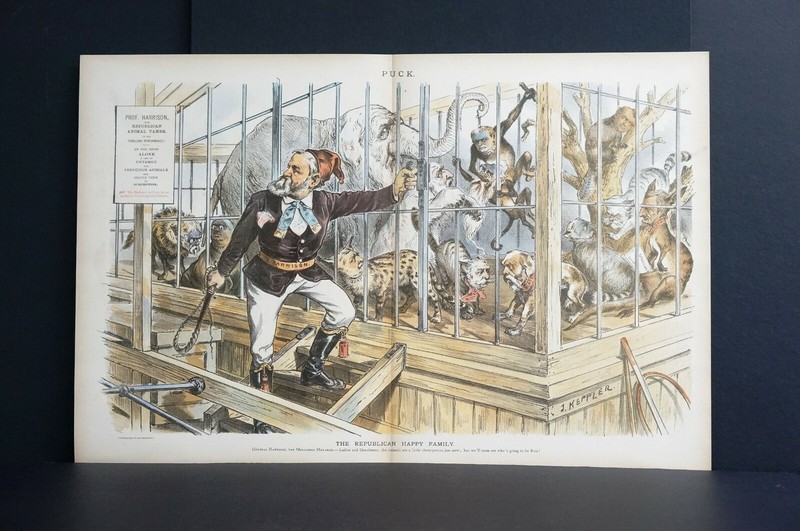 Harrison as Animal Trainer 1889 REPUBLICANS CAGED ZOO ANIMALS HAPPY FAMILY Puck