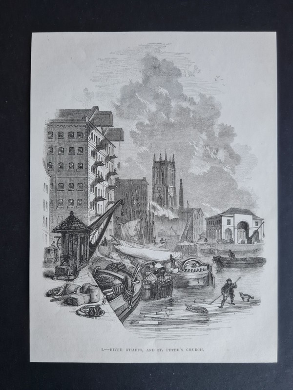 Antique 1850 print – River Wharfs & St Peter’s Church – Leeds Minster- Yorkshire