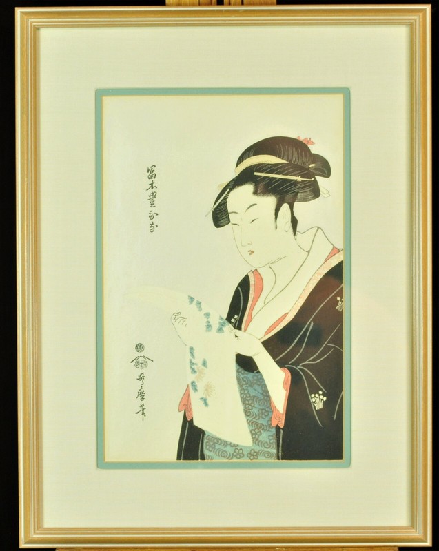 Vintage Ukiyo-E woodblock print on thin paper, Tomimoto Toyohina, K. Utamaro