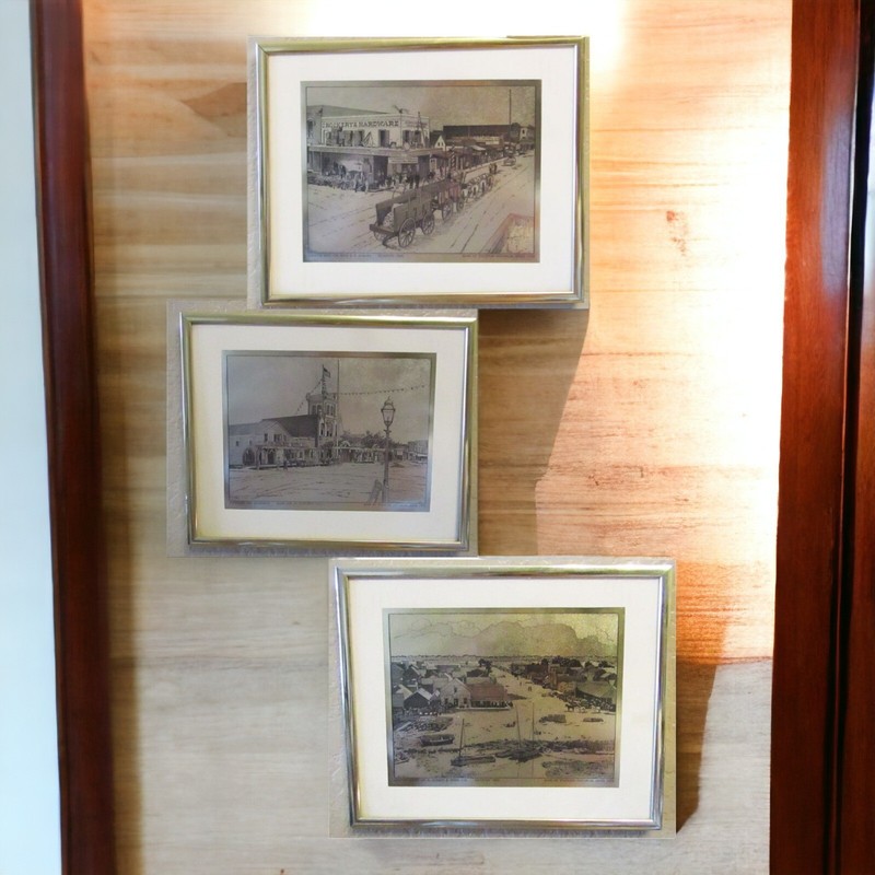Vintage Set of 3 Bank of Stockton Historical Series 1970 Gold Foil Art Prints gallery
