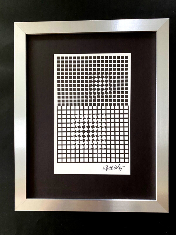 VICTOR VASARELY PRINT FROM 1970 + SIGNED GEOMETRIC ABSTRACT +NEW FRAME 14x11in.