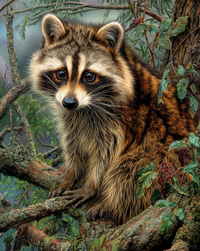 8×10 Raccoon in Forest Trees Wildlife Art Print – 304762175