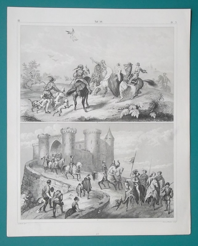 HISTORY Crusaders & French Knights Ladies Hawking – 1844 Superb Print
