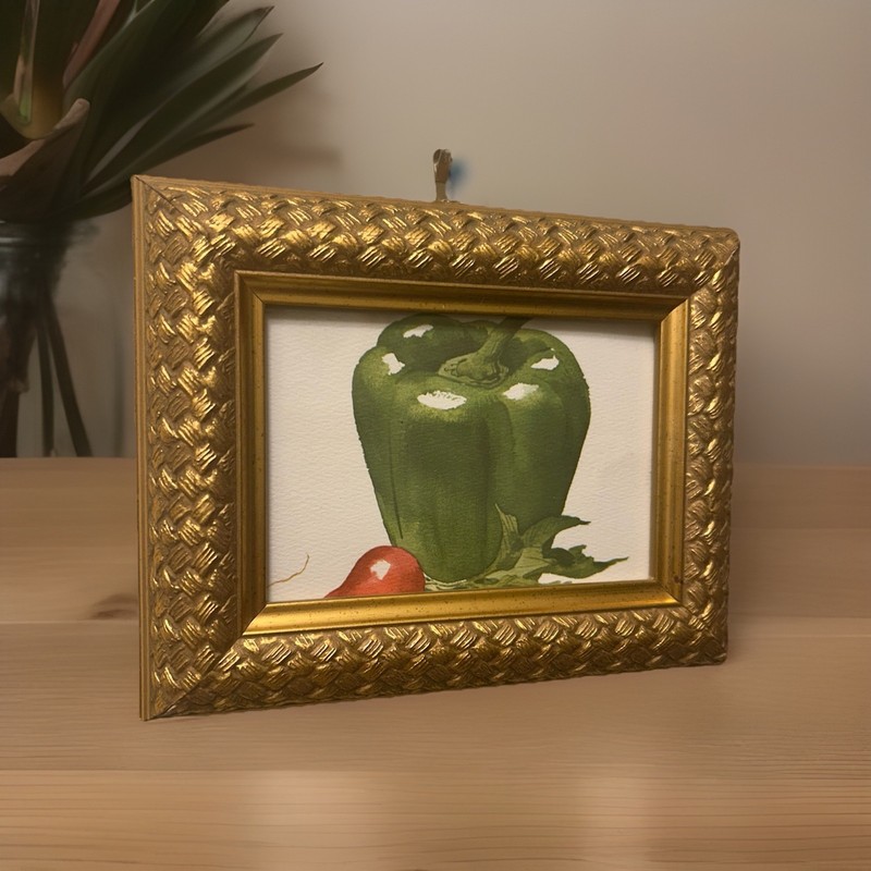 Still Life Green Bell Pepper and Radish Mini Watercolor Style Framed Wall Print gallery