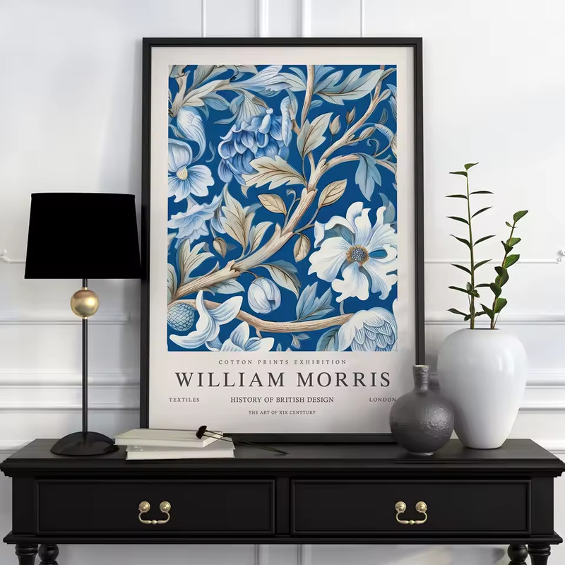 William Morris Blue Floral Art Canvas Print Poster Cotton Prints 20×30  30×40 cm