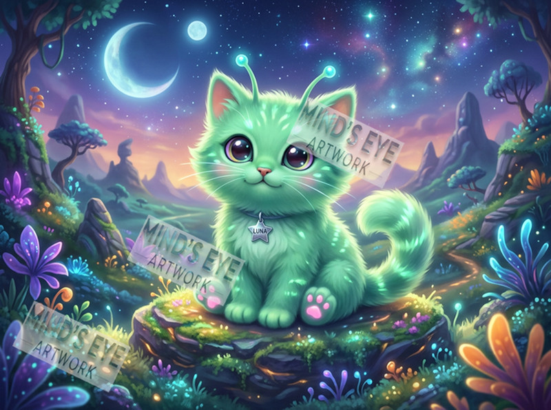 Cute Baby Cat Alien Kitten Wall Art Kids Room Decoration Art Print Moon Stars