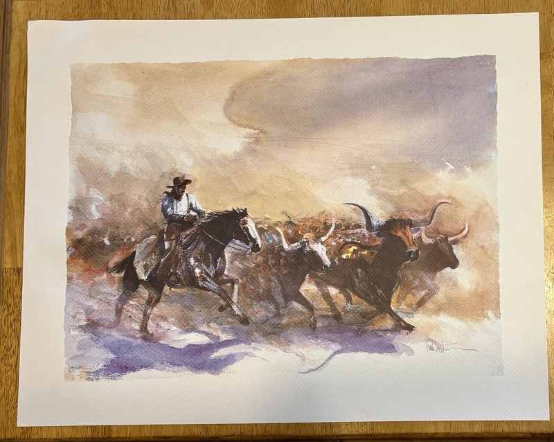 Signed Western Cowboy Cattle Horses Print Landscape By Artist Buck Taylor
