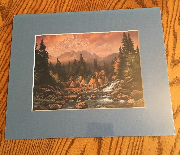FRANK MILLER Matted/Sealed Art Print, Mountains, Indians, Tee Pees – Blue Mat