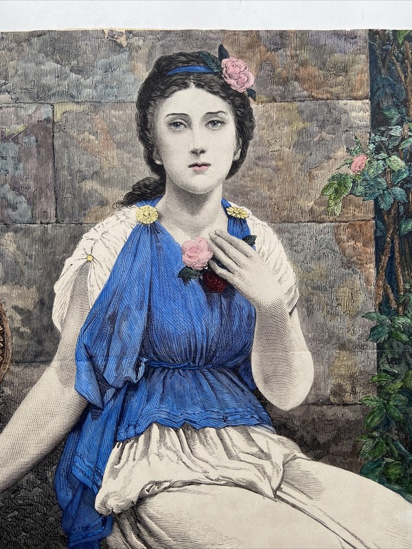19th Century Antique Victorian Engraving Print Lady Sitting By The Water Lion gallery