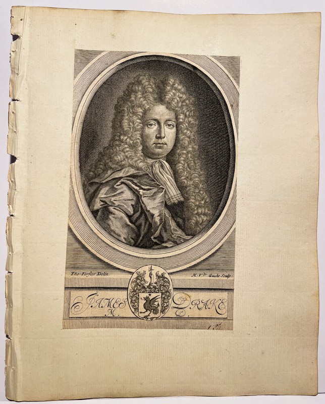ROYAL SOCIETY PHYSICIAN JAMES DRAKE JACOBITE ~ c 1707 Art Print Engraving RARE!