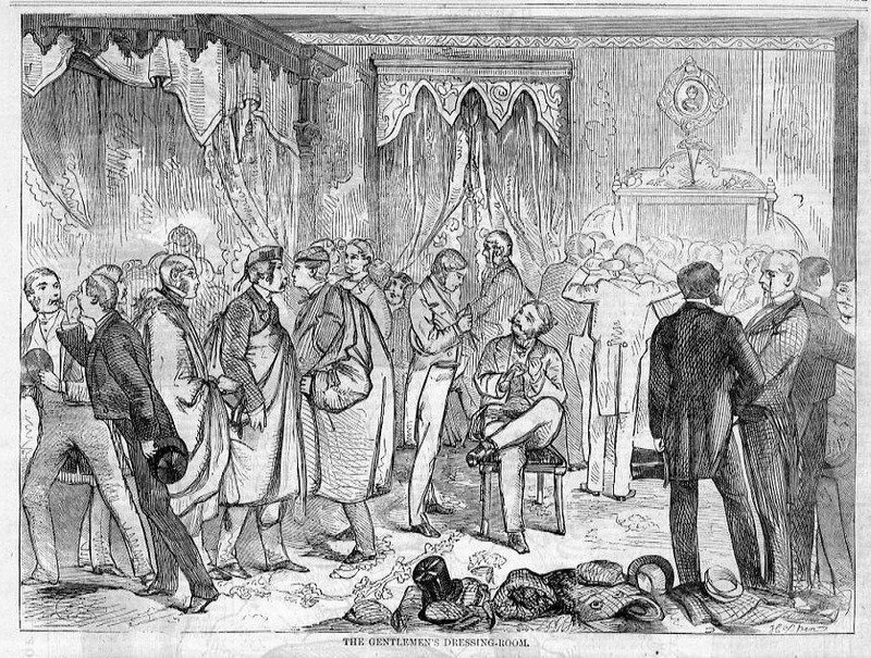 WEDDING DAY GENTLEMEN’S & LADIES DRESSING-ROOM HOOP SKIRTS VINTAGE FASHION