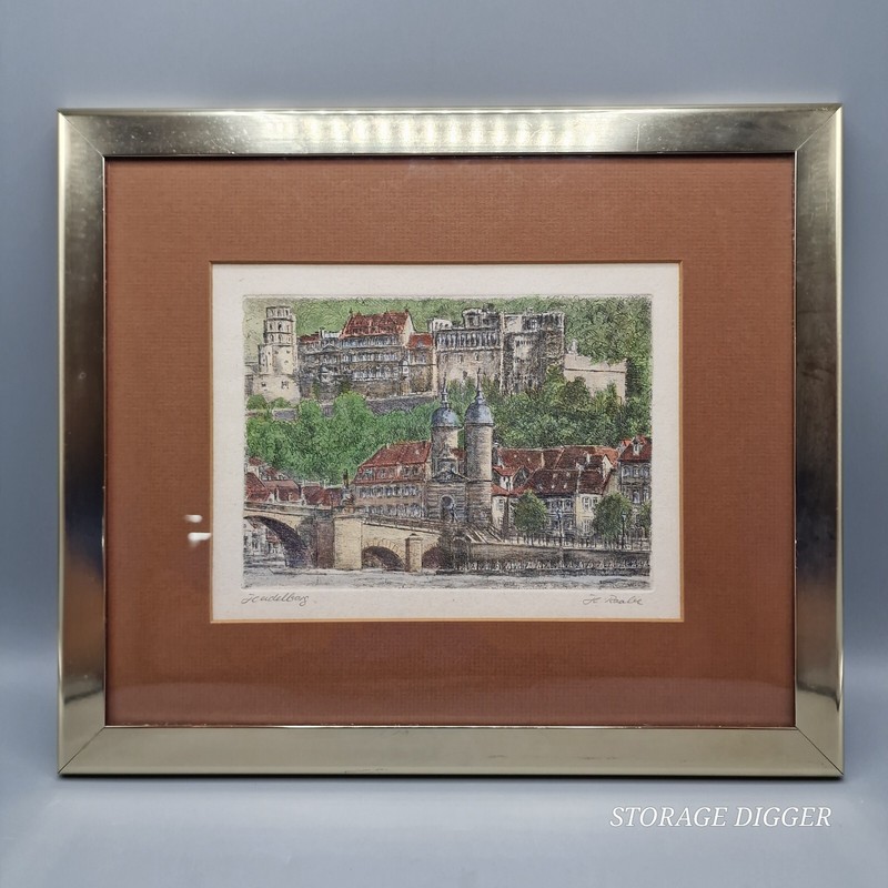 VTG 1920s Hand Tint Print Heidelberg Castle & Bridge Engraving Framed Etching