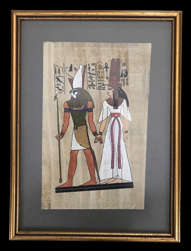 Handmade Art on Egyptian Papyrus Paper~Horus and Nefertari~Framed~Glass~12”x16”
