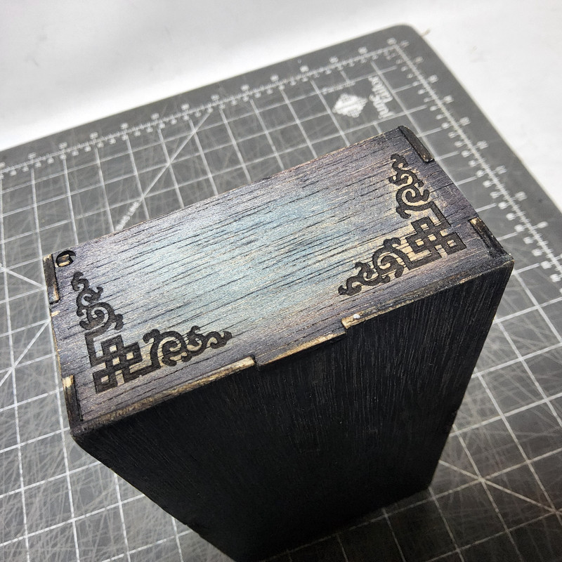 Custom laser etched border scroll flip top wood stash box teal purple 8x4x2 gallery